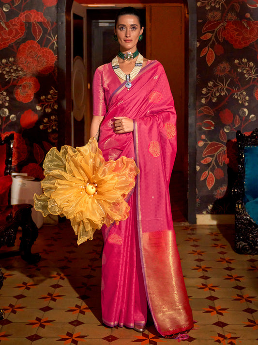 Women's Silk Blend Pink Woven Design Designer Saree With Blouse Piece