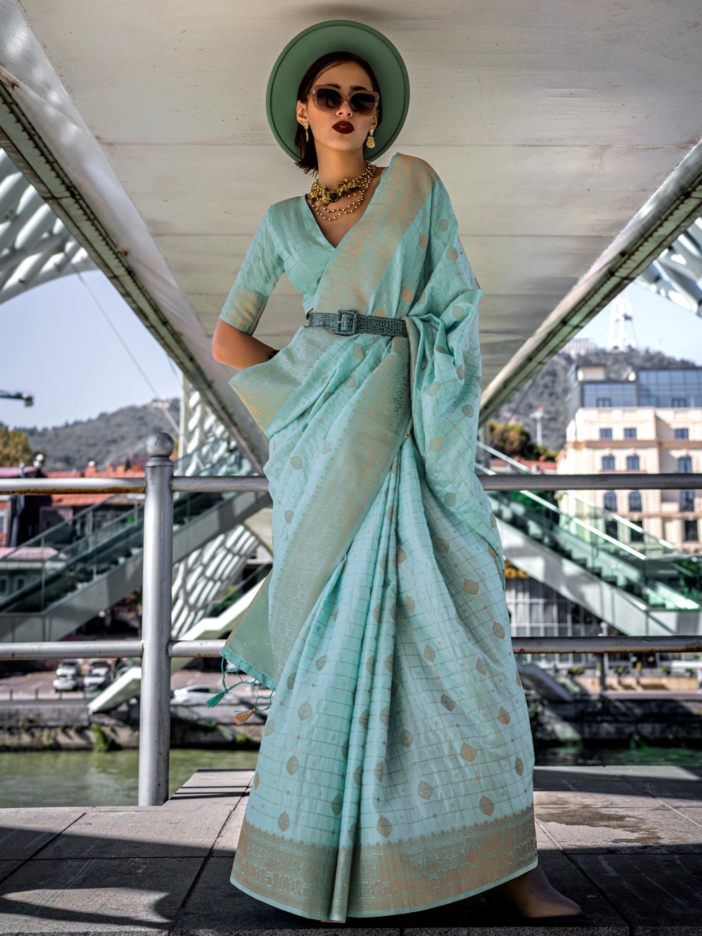Women's Silk Blend Light Blue Woven Design Designer Saree With Blouse Piece