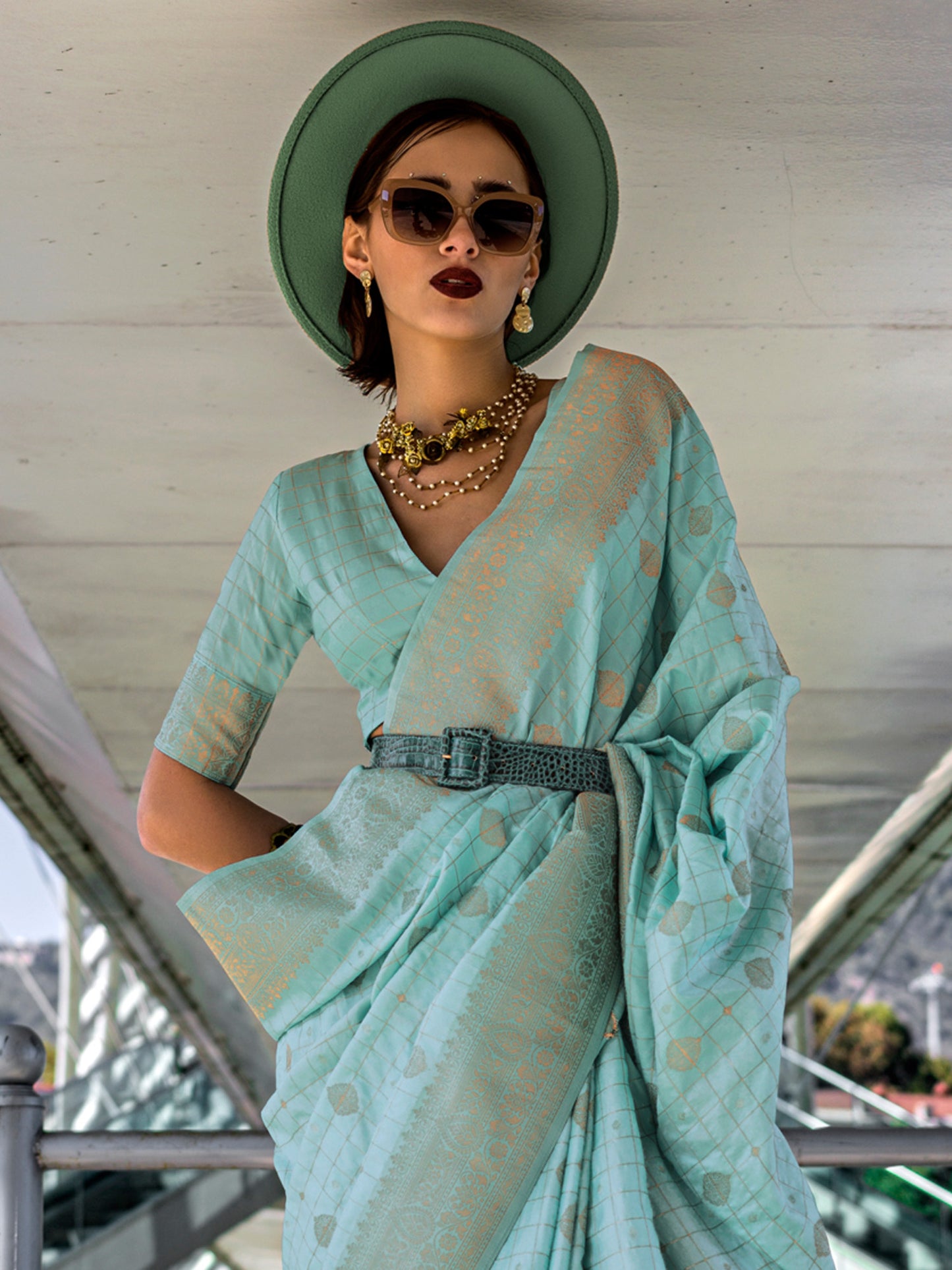 Women's Silk Blend Light Blue Woven Design Designer Saree With Blouse Piece