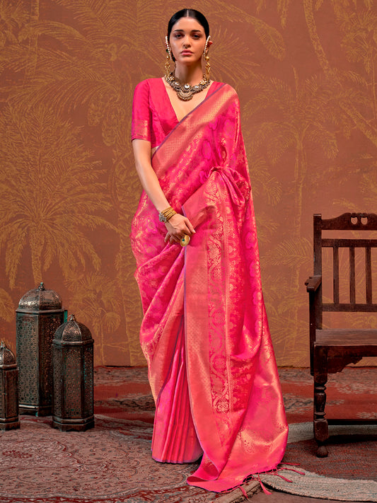 Women's Silk Blend Pink Woven Design Designer Saree With Blouse Piece