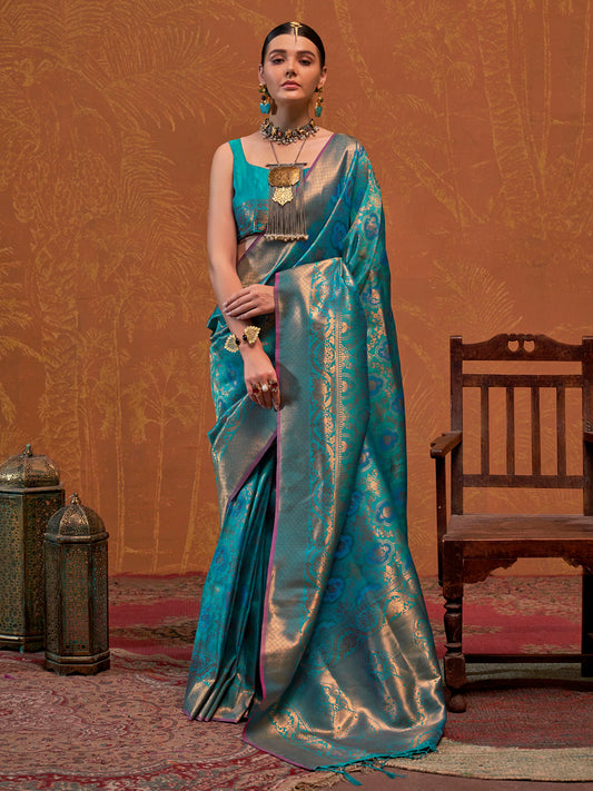 Women's Silk Blend Teal blue Woven Design Designer Saree With Blouse Piece
