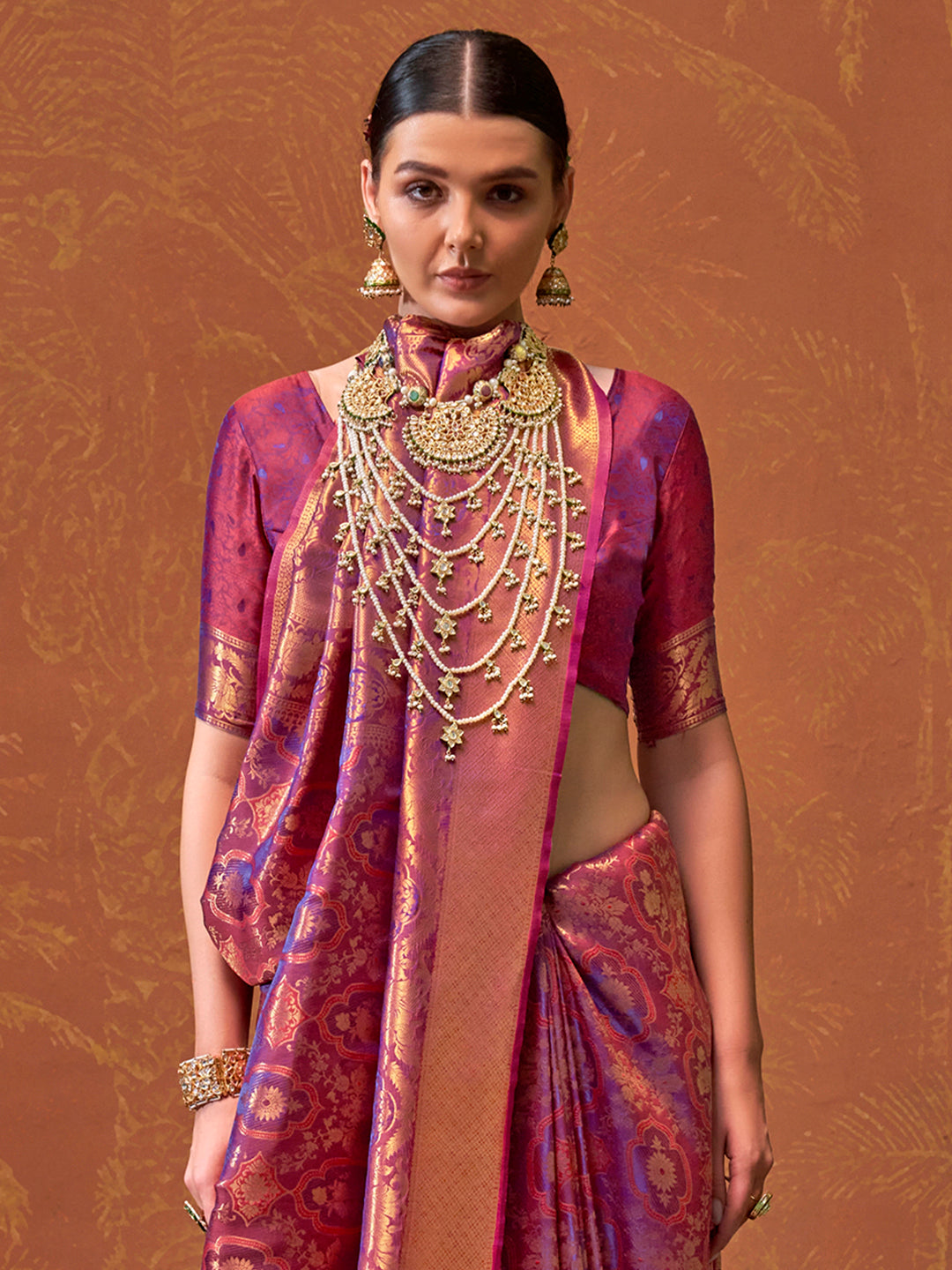 Women's Silk Blend Magenta Woven Design Designer Saree With Blouse Piece