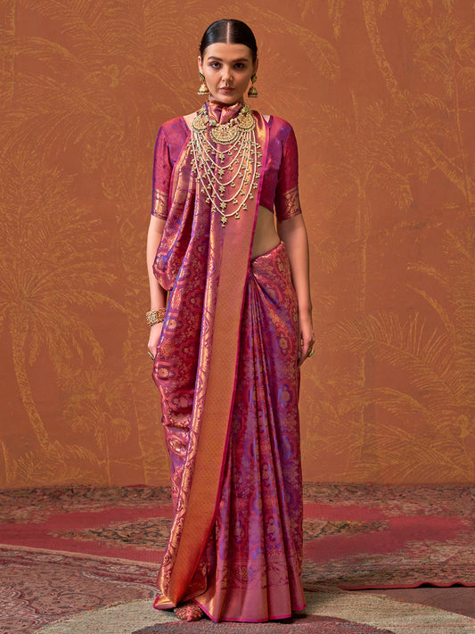 Women's Silk Blend Magenta Woven Design Designer Saree With Blouse Piece