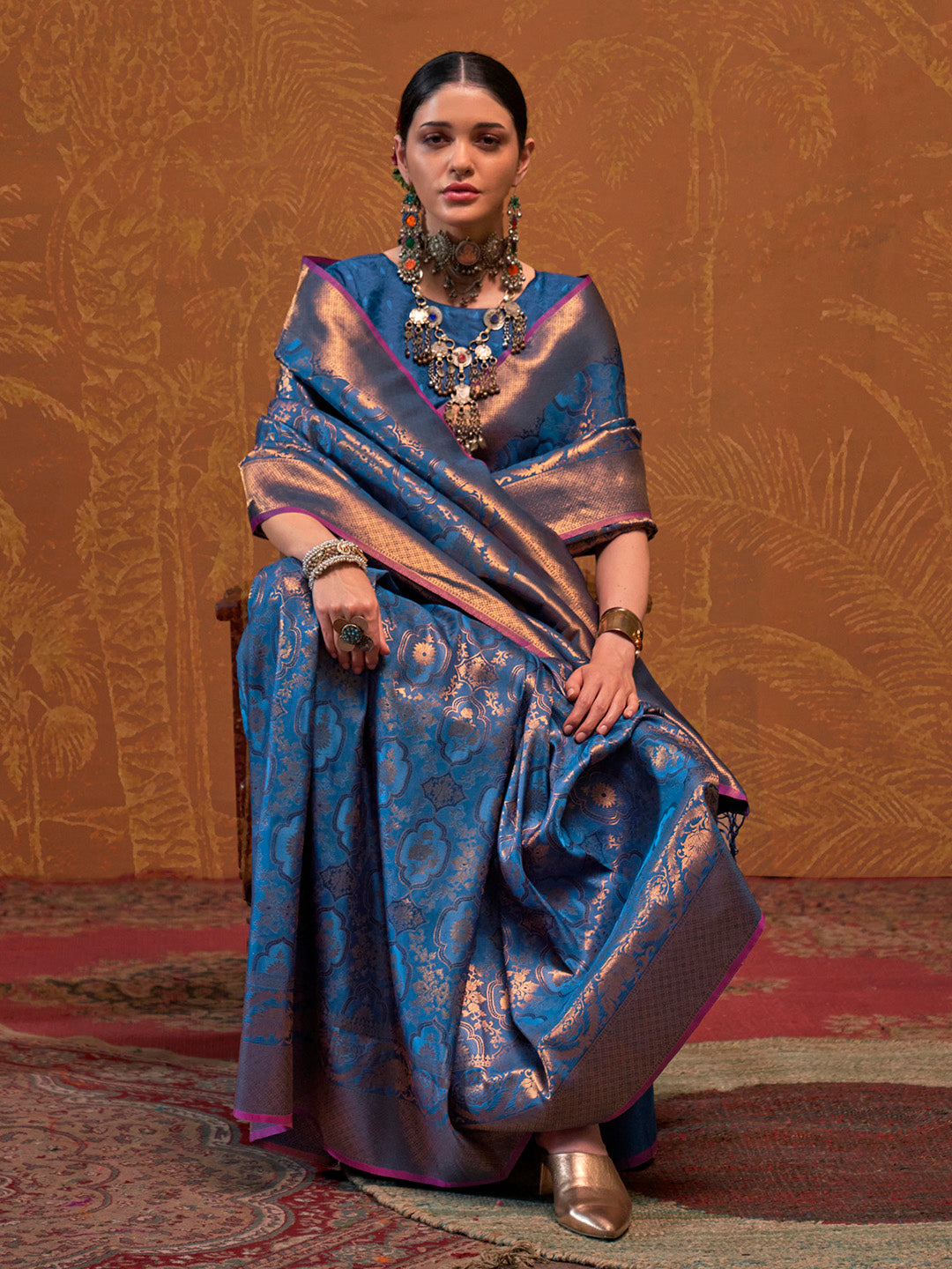 Women's Silk Blend Navy Blue Woven Design Designer Saree With Blouse Piece