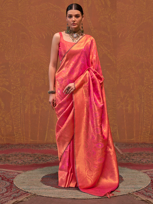 Women's Silk Blend Orange Woven Design Designer Saree With Blouse Piece