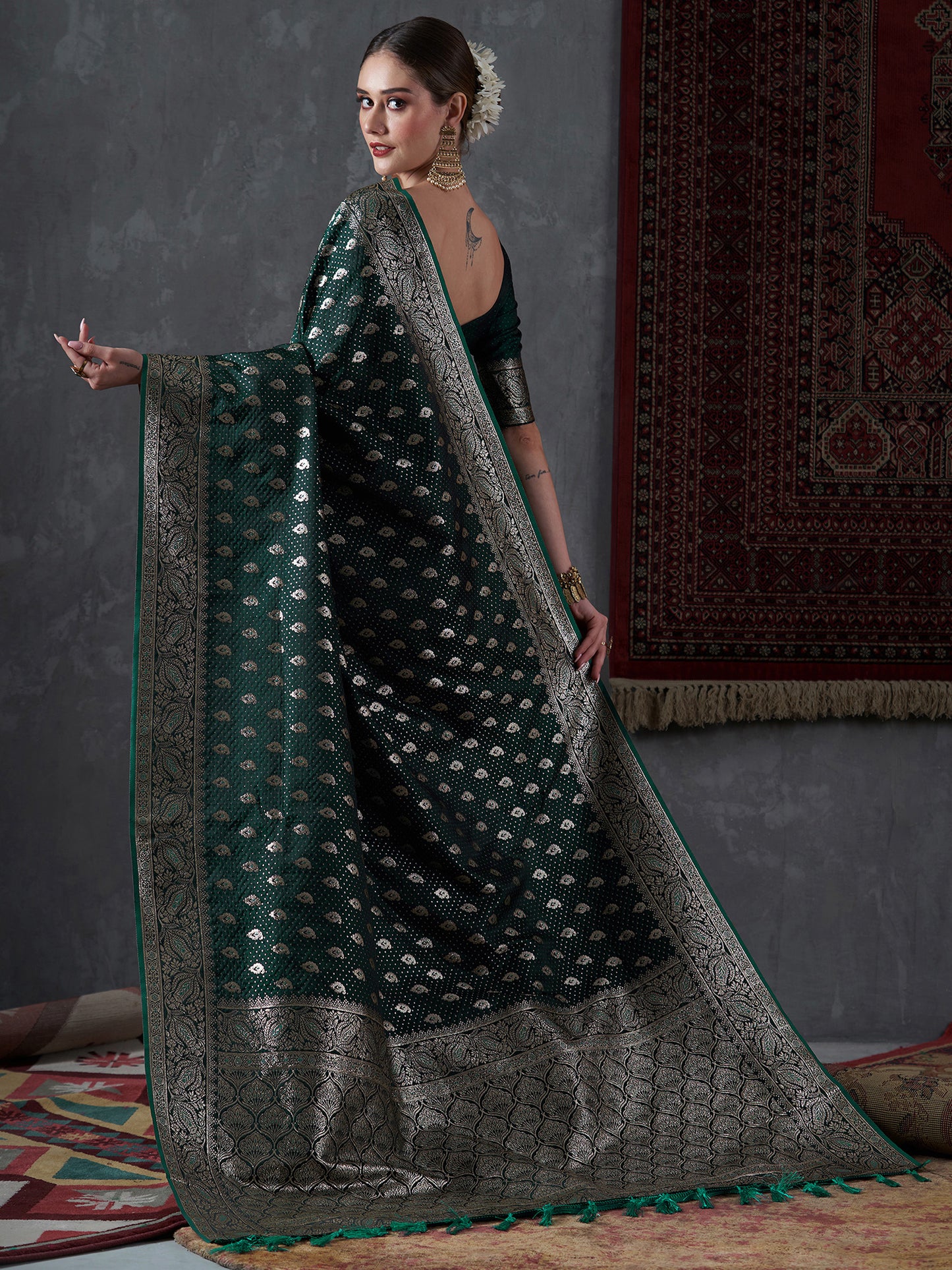 Women's Satin Silk Green Woven Design Designer Saree With Blouse Piece