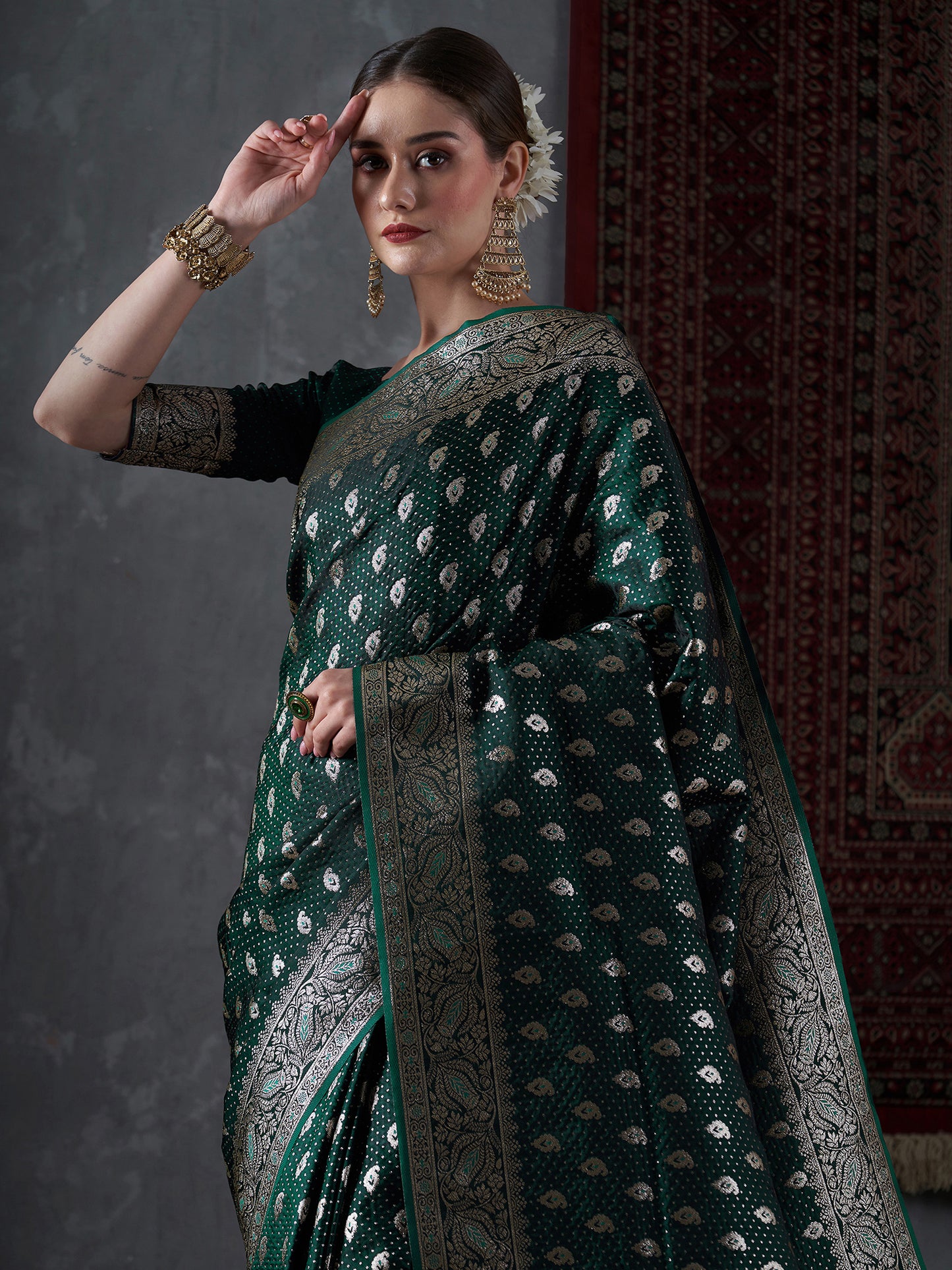 Women's Satin Silk Green Woven Design Designer Saree With Blouse Piece
