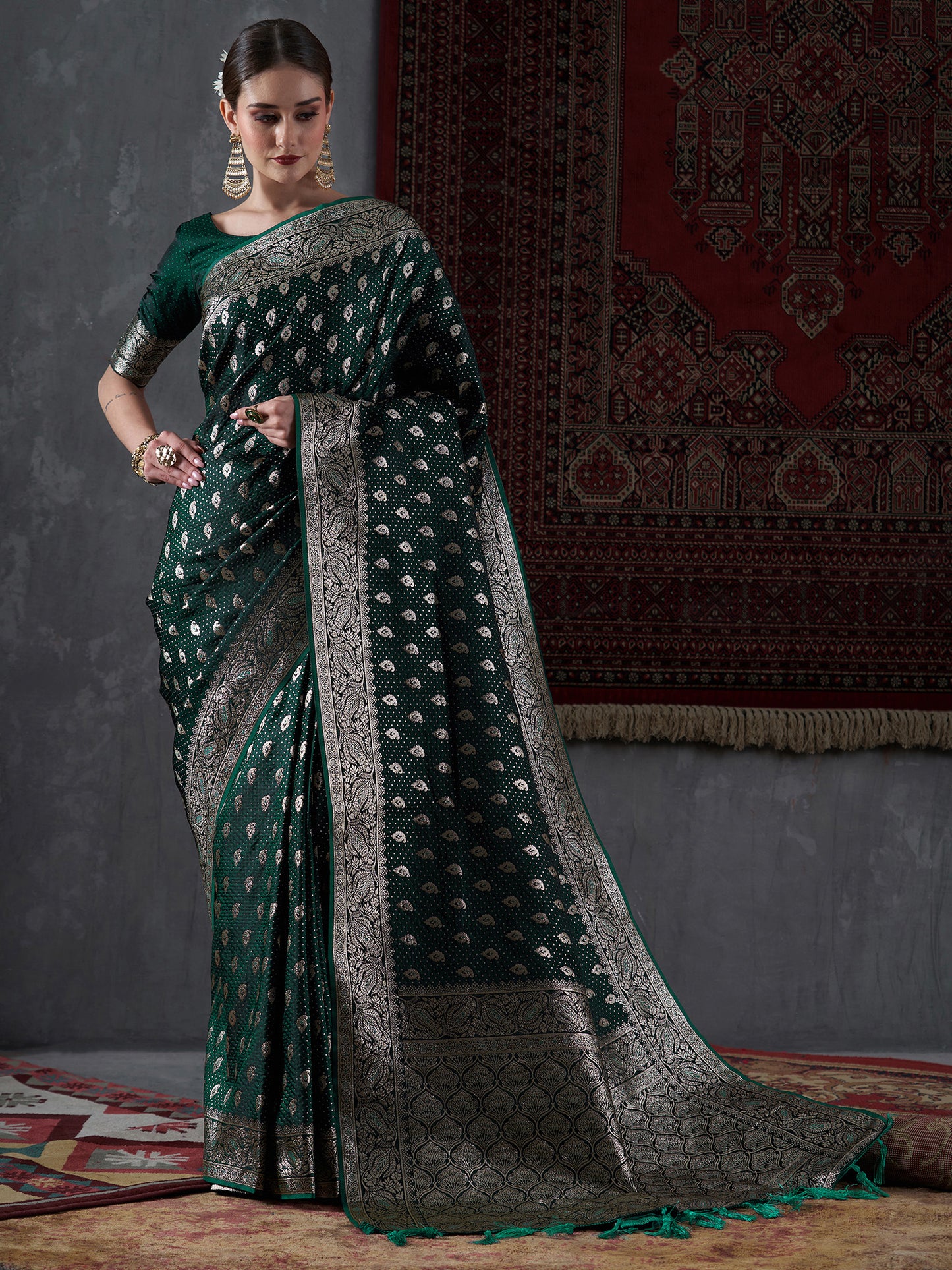 Women's Satin Silk Green Woven Design Designer Saree With Blouse Piece