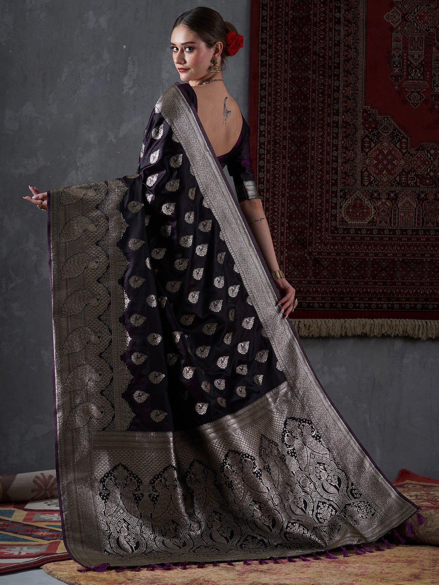 Women's Satin Silk Purple Woven Design Designer Saree With Blouse Piece