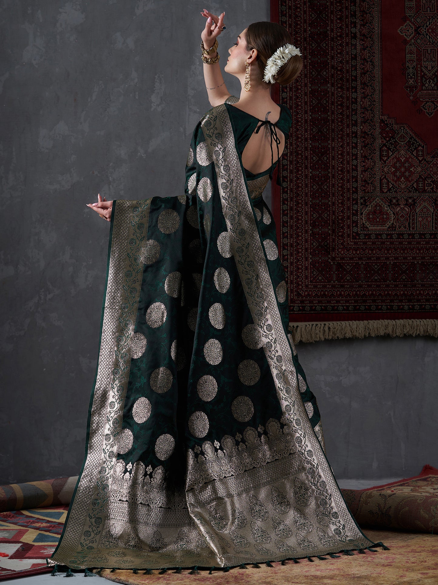 Women's Satin Silk Green Woven Design Designer Saree With Blouse Piece