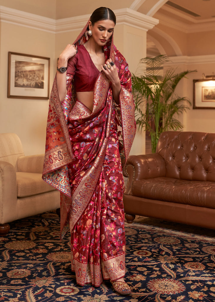 Dhiyona GR Women's Kalista Earth Red Woven Jamewar Kashmiri Banarasi Saree