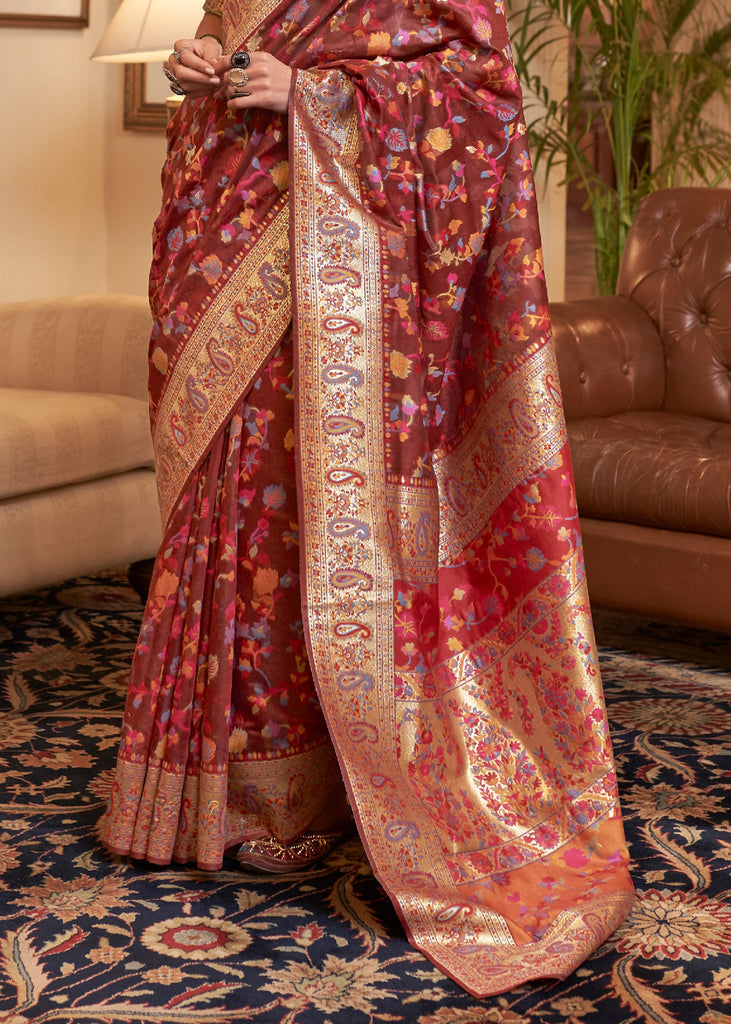 Dhiyona GR Women's Kalista Earth Red Woven Jamewar Kashmiri Banarasi Saree