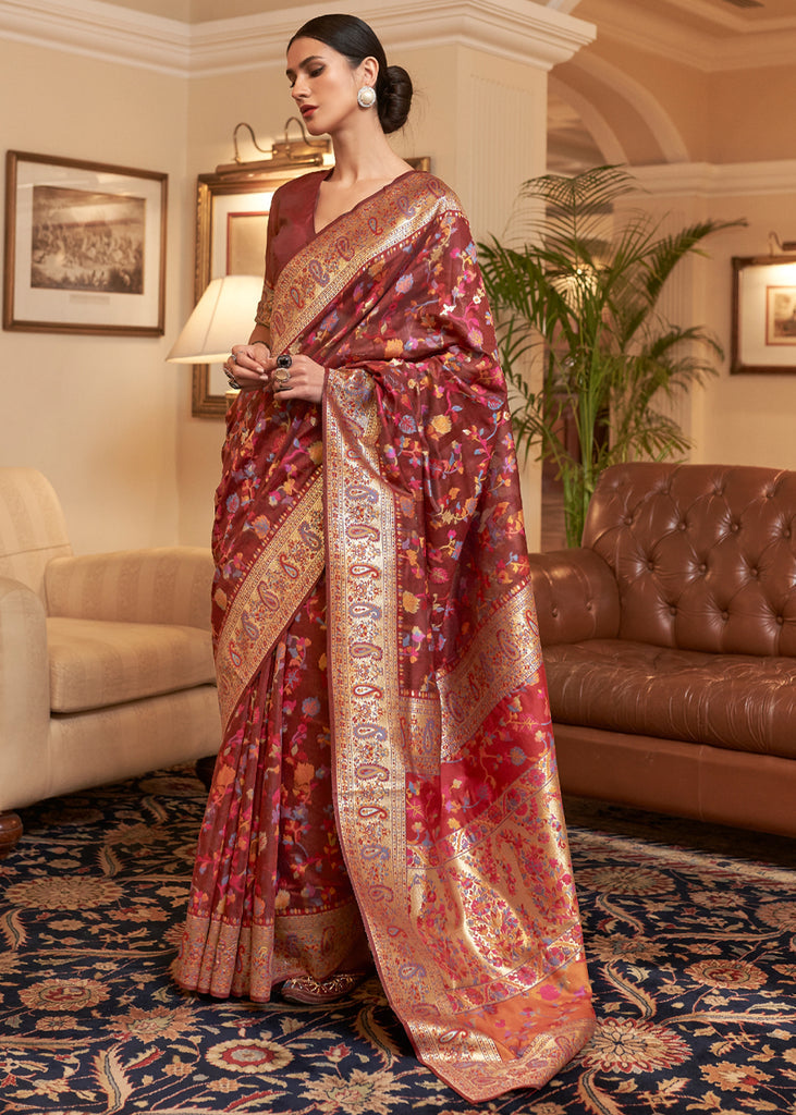 Dhiyona GR Women's Kalista Earth Red Woven Jamewar Kashmiri Banarasi Saree