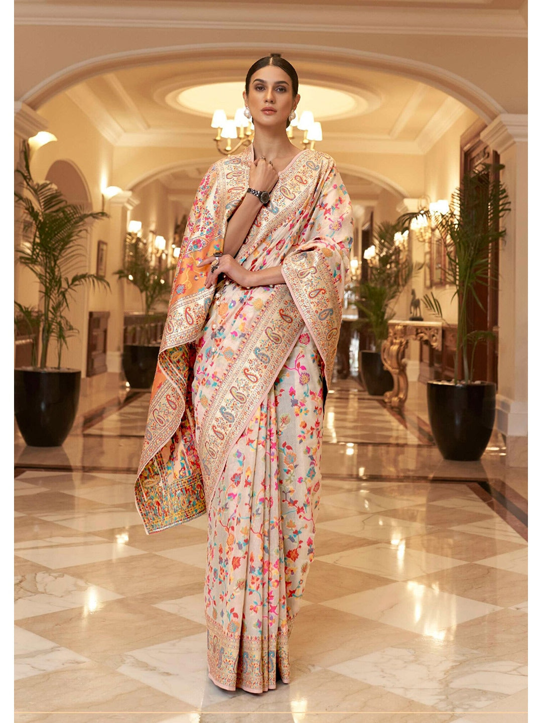 Dhiyona GR Women's Kalista Peony White Woven Jamewar Kashmiri Banarasi Saree