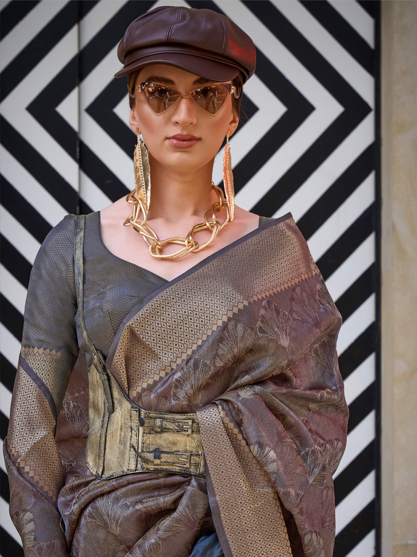 Women's Organza Charcoal Grey Woven Design Designer Saree With Blouse Piece
