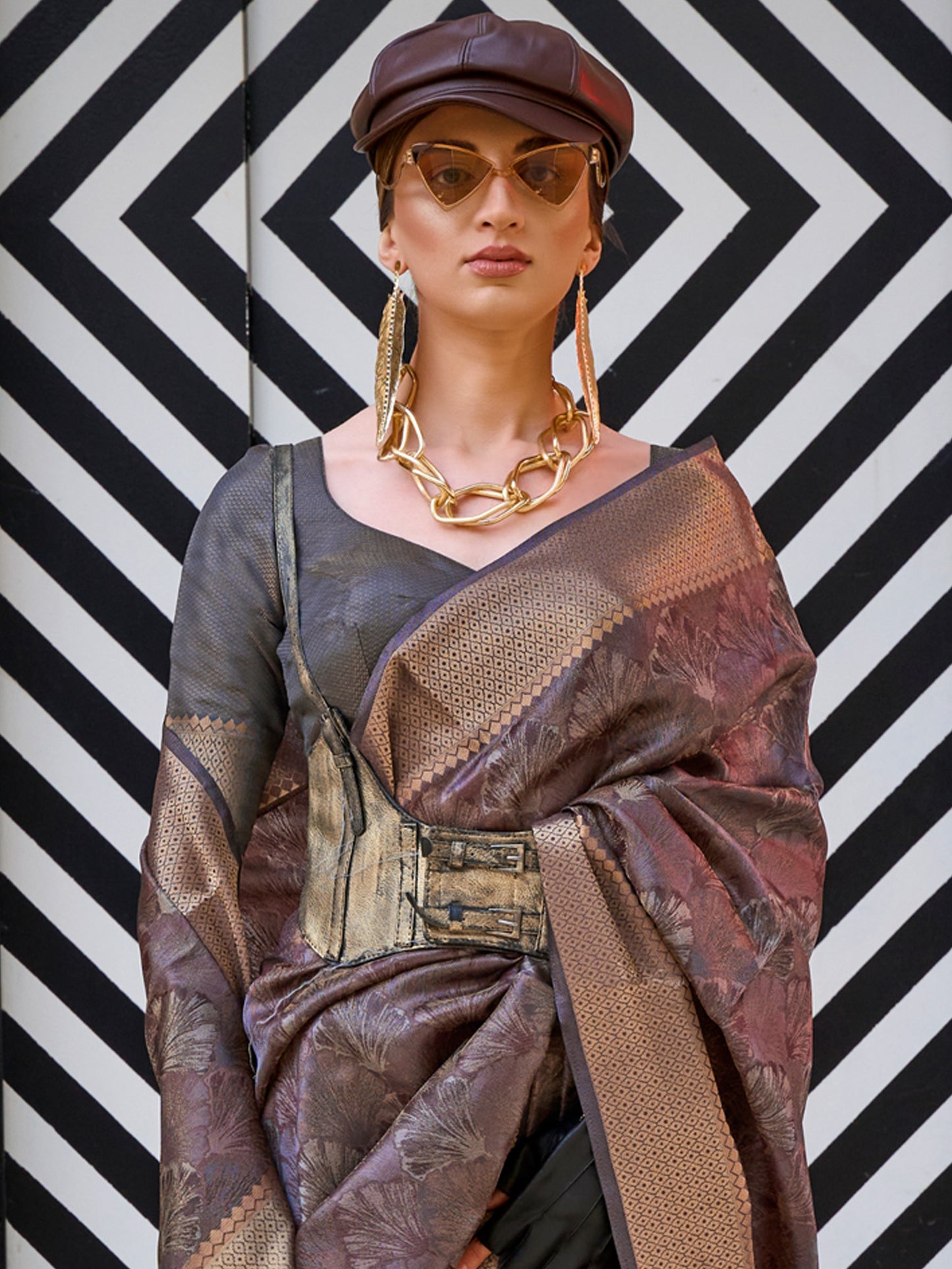 Women's Organza Charcoal Grey Woven Design Designer Saree With Blouse Piece
