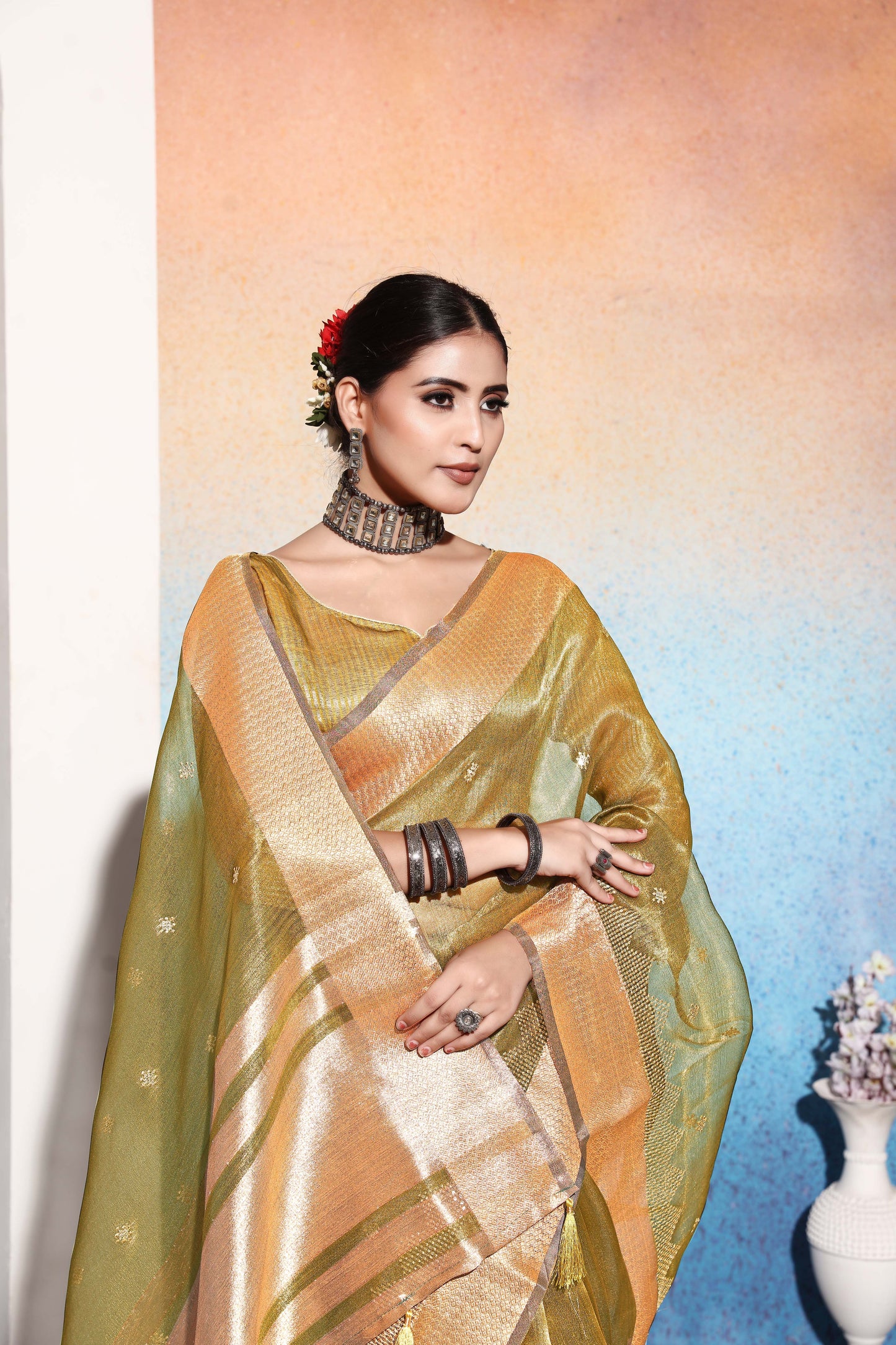 Dhiyona GR Women's Kalki Pista Green Tissue Cotton Silk Saree