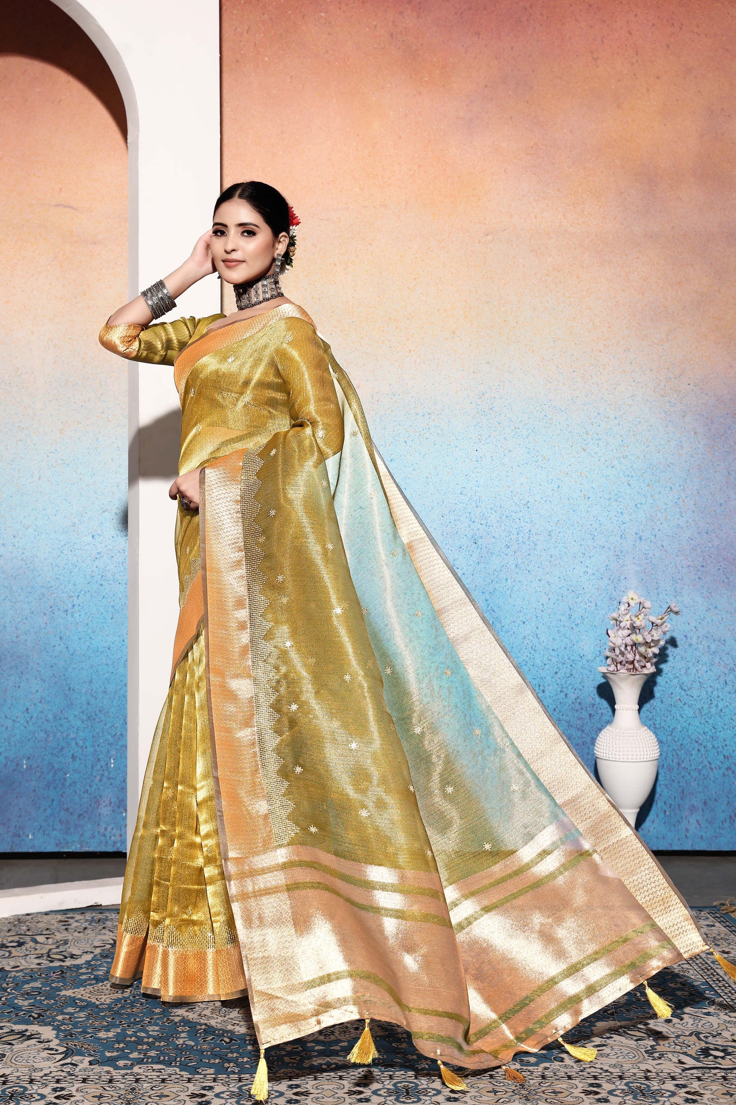 Dhiyona GR Women's Kalki Pista Green Tissue Cotton Silk Saree