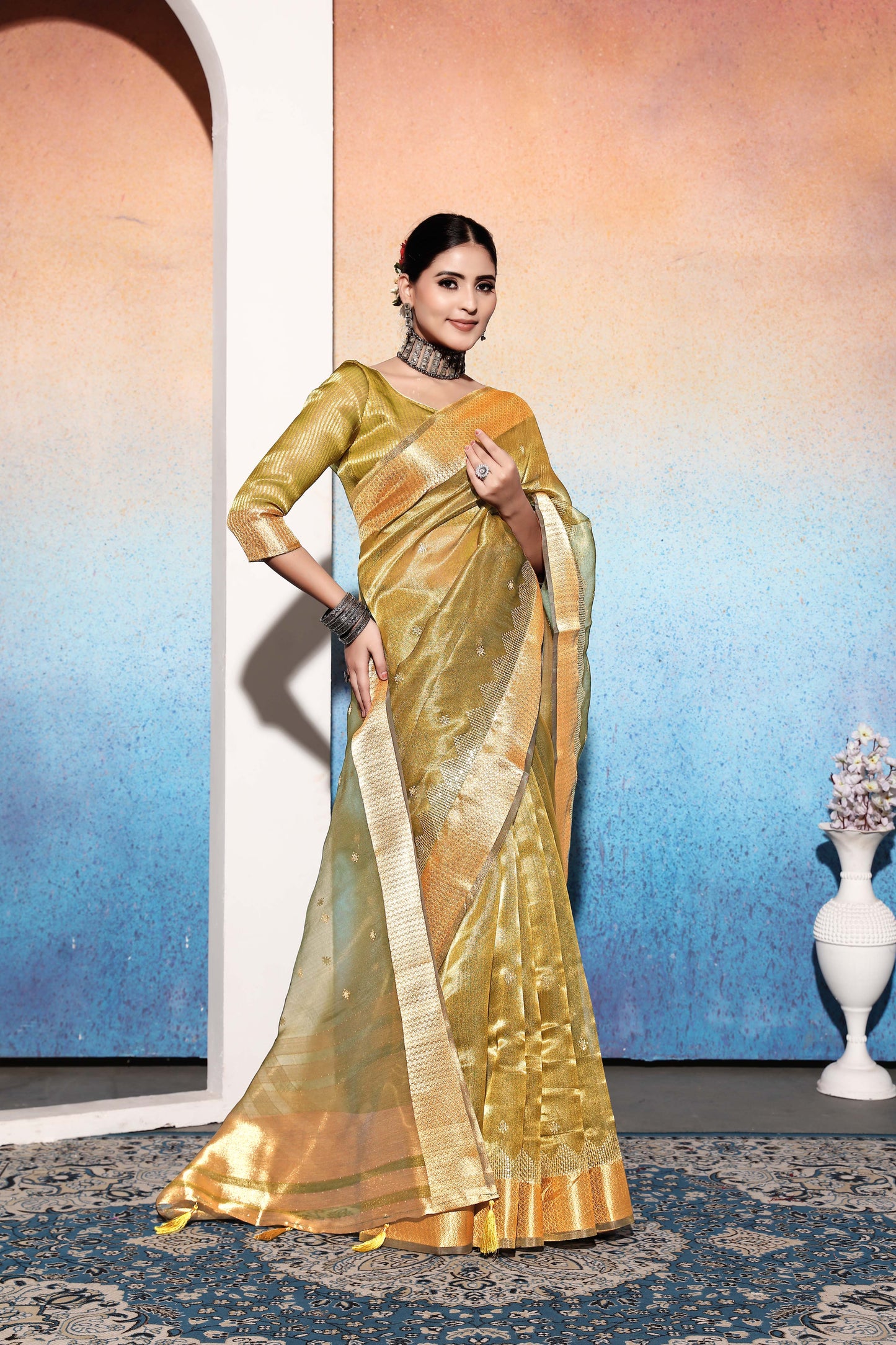 Dhiyona GR Women's Kalki Pista Green Tissue Cotton Silk Saree