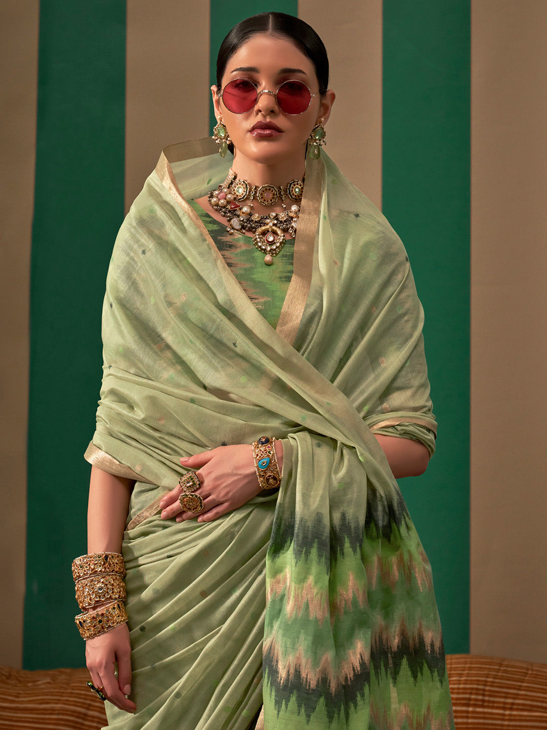 Women's Silk Blend Light Green Woven Design Designer Saree With Blouse Piece
