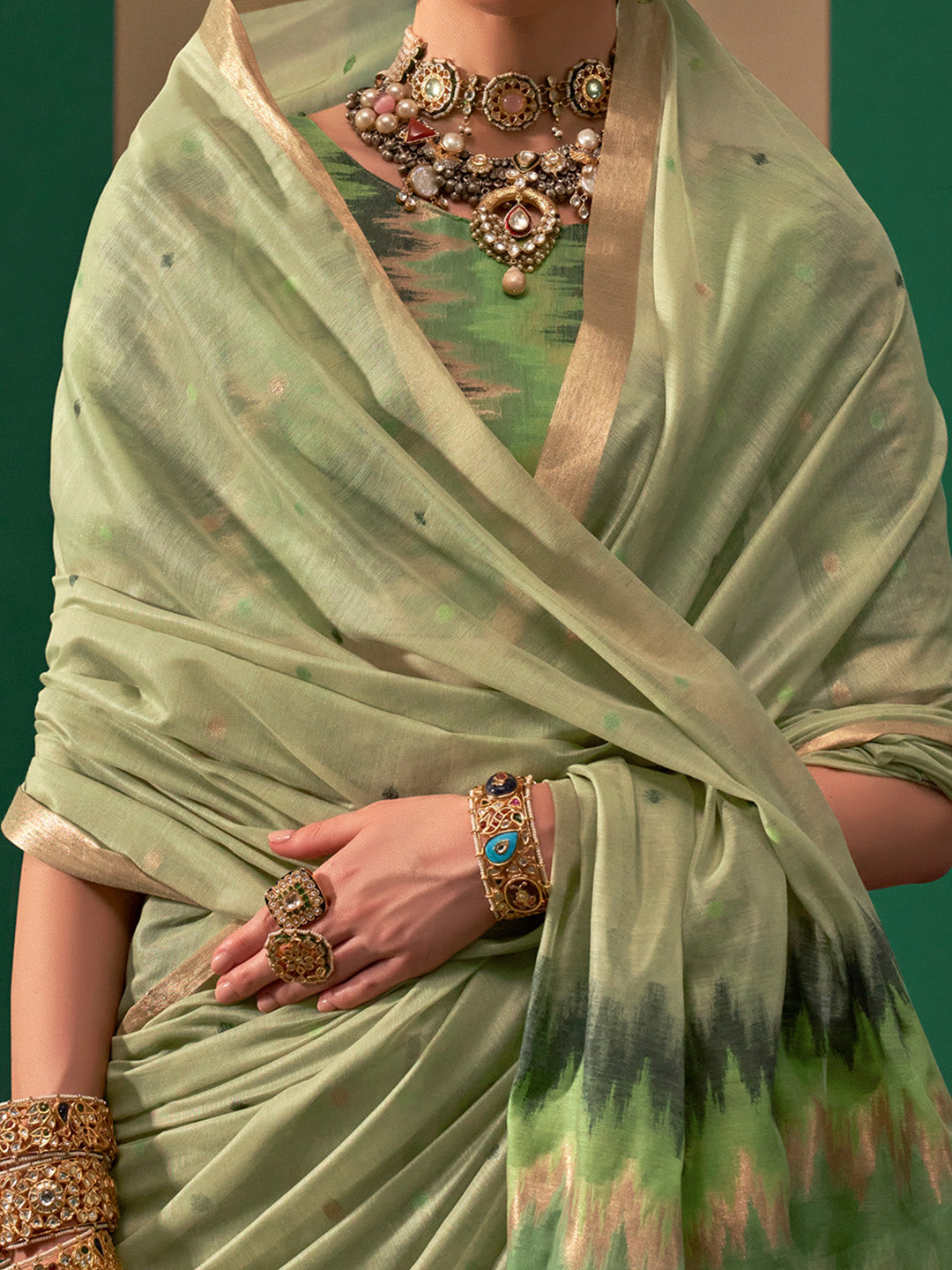 Women's Silk Blend Light Green Woven Design Designer Saree With Blouse Piece
