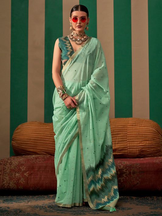 Women's Silk Blend Teal blue Woven Design Designer Saree With Blouse Piece