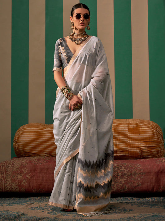 Women's Silk Blend Grey Woven Design Designer Saree With Blouse Piece