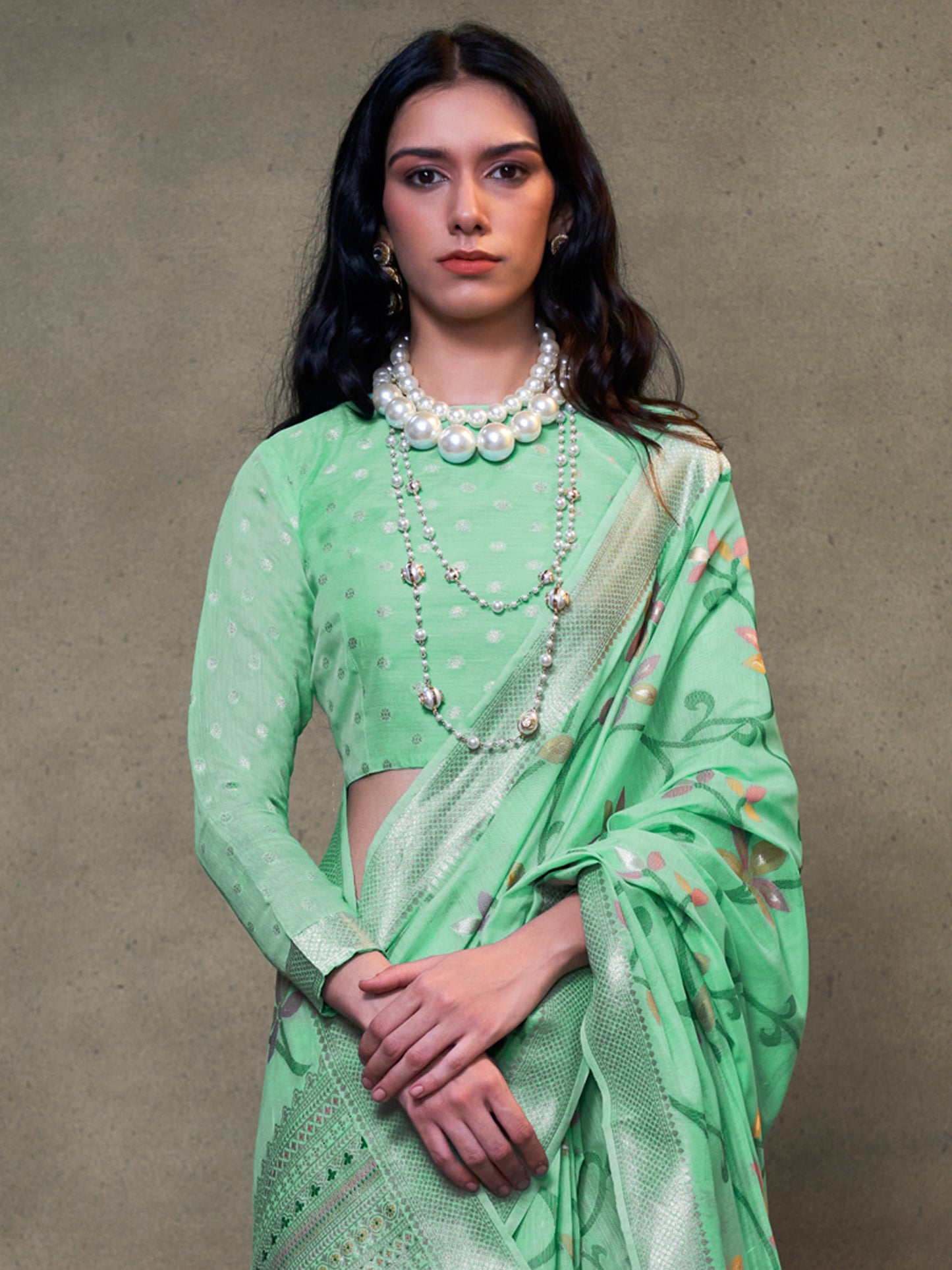 Women's Silk Blend Sea Green Woven Design Designer Saree With Blouse Piece