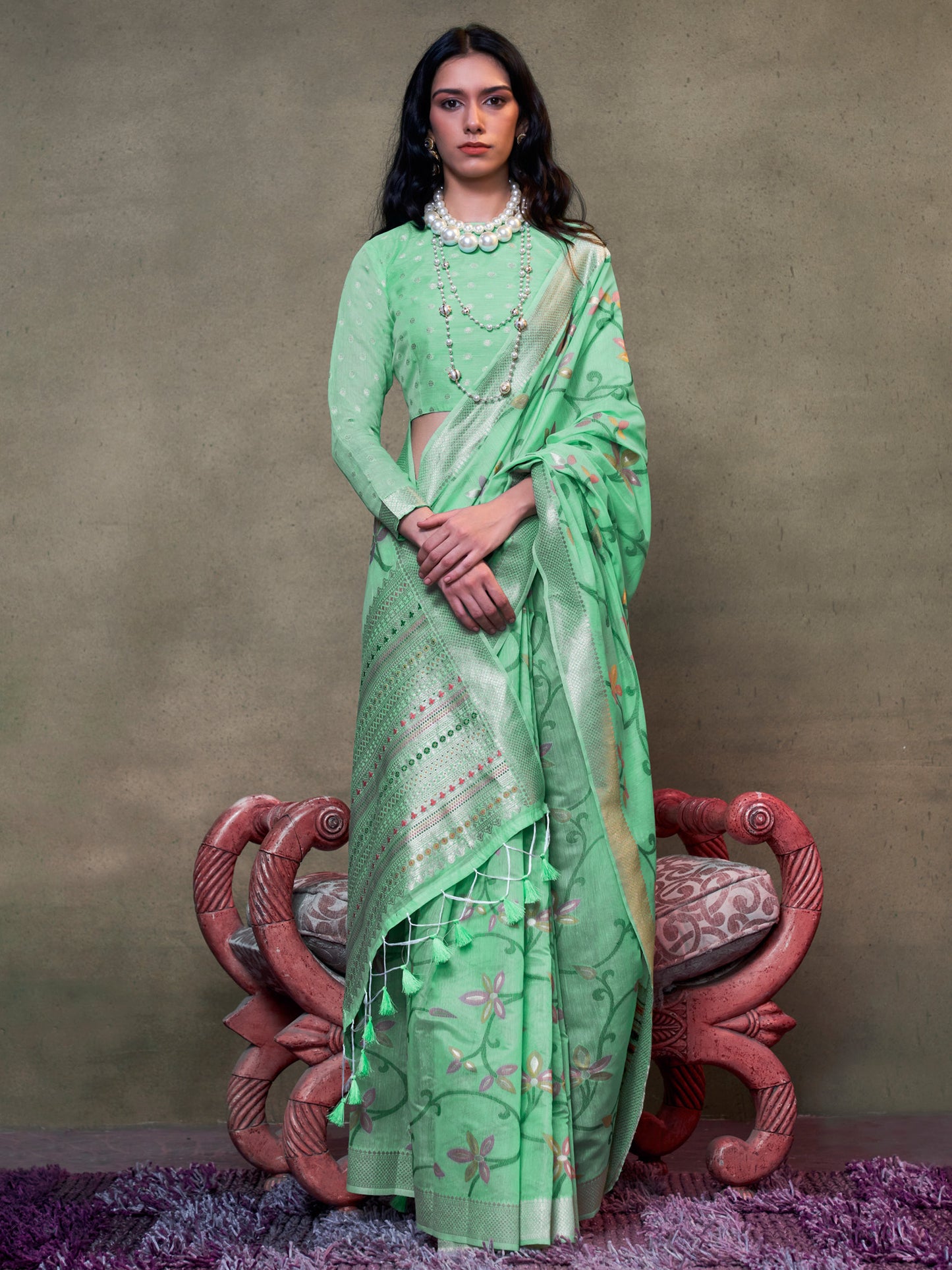 Women's Silk Blend Sea Green Woven Design Designer Saree With Blouse Piece