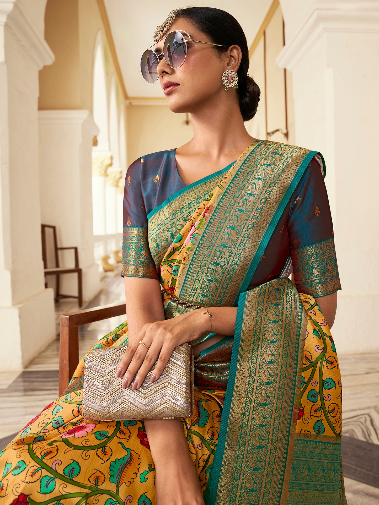Women's Satin Silk Yellow Woven Design Designer Saree With Blouse Piece