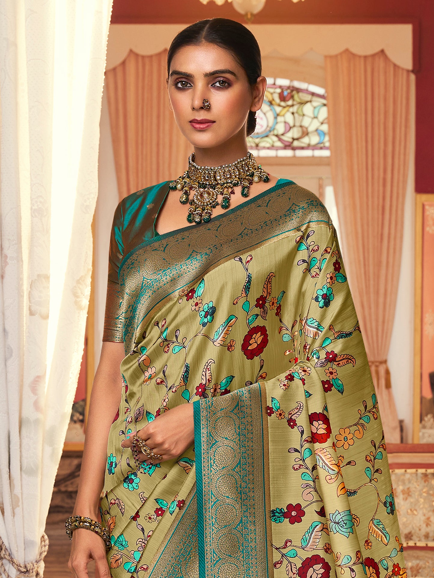 Women's Satin Silk Light Green Woven Design Designer Saree With Blouse Piece