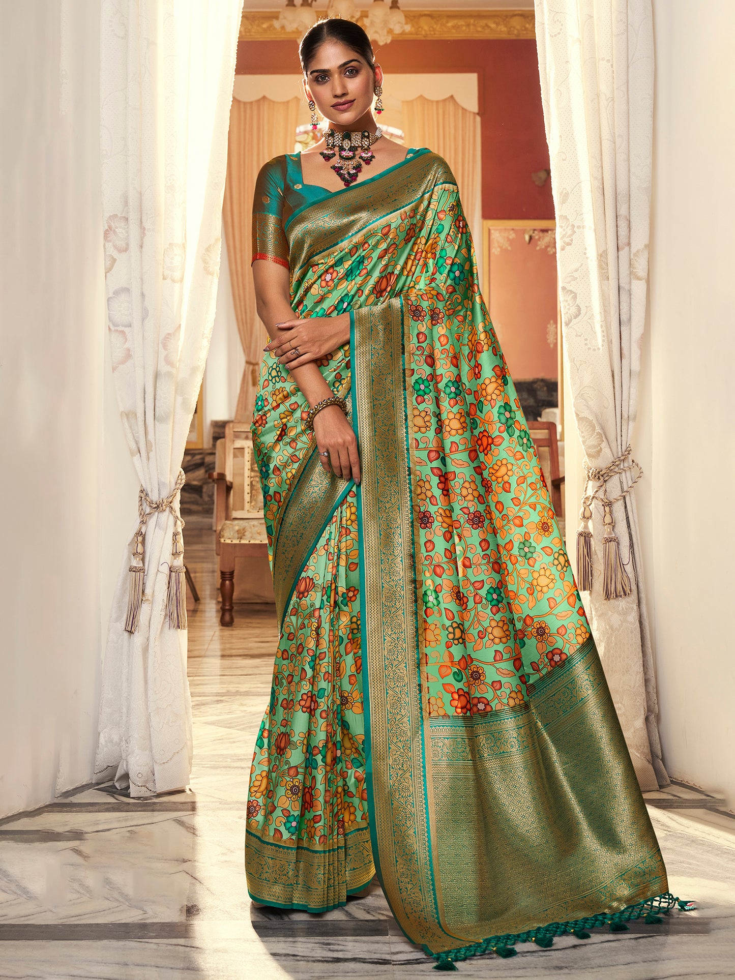 Women's Satin Silk Sea Green Woven Design Designer Saree With Blouse Piece