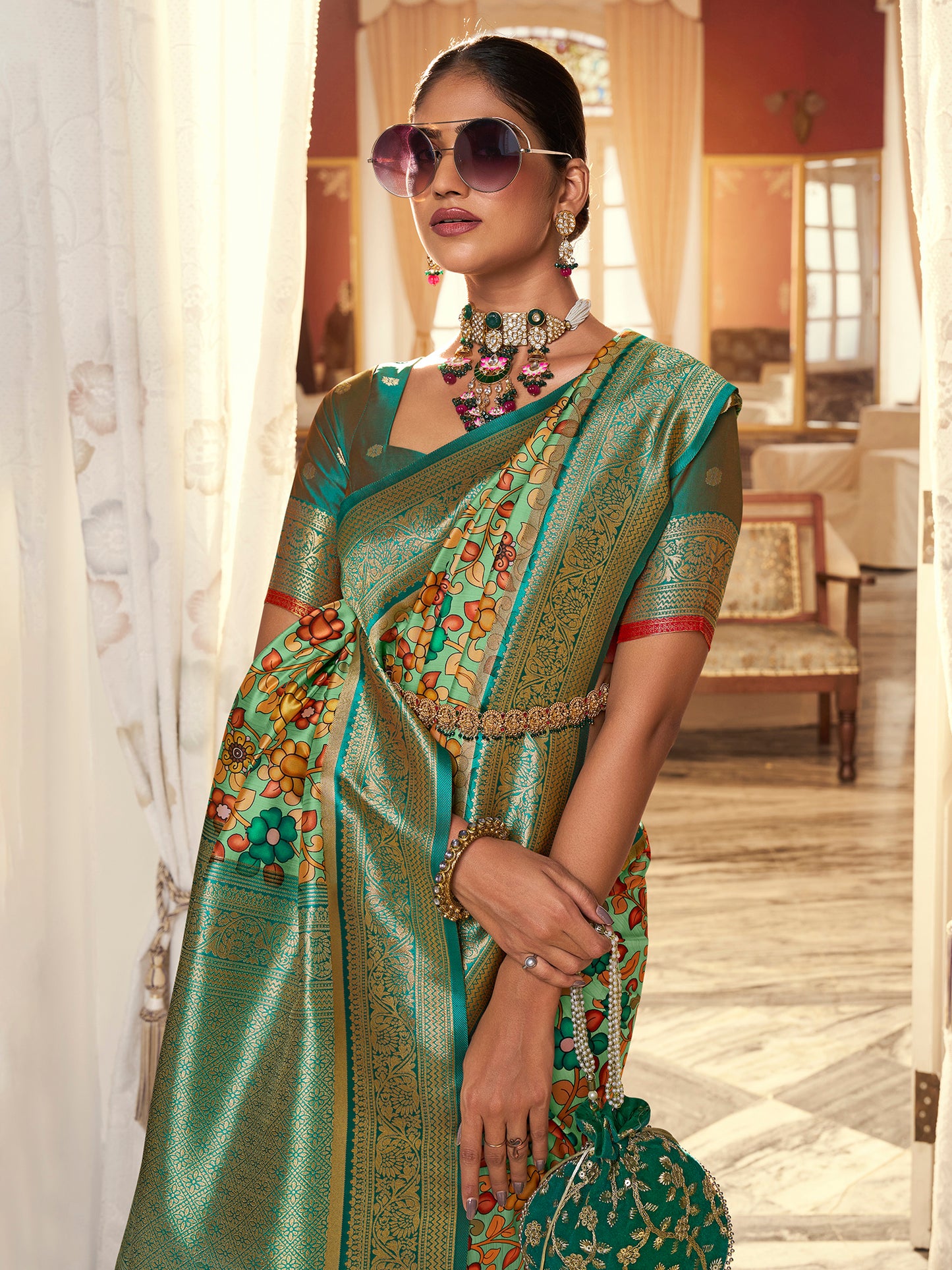 Women's Satin Silk Sea Green Woven Design Designer Saree With Blouse Piece
