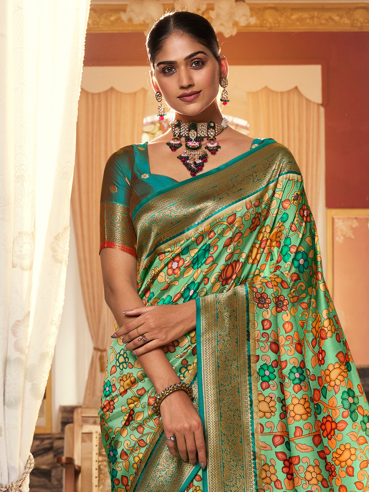 Women's Satin Silk Sea Green Woven Design Designer Saree With Blouse Piece