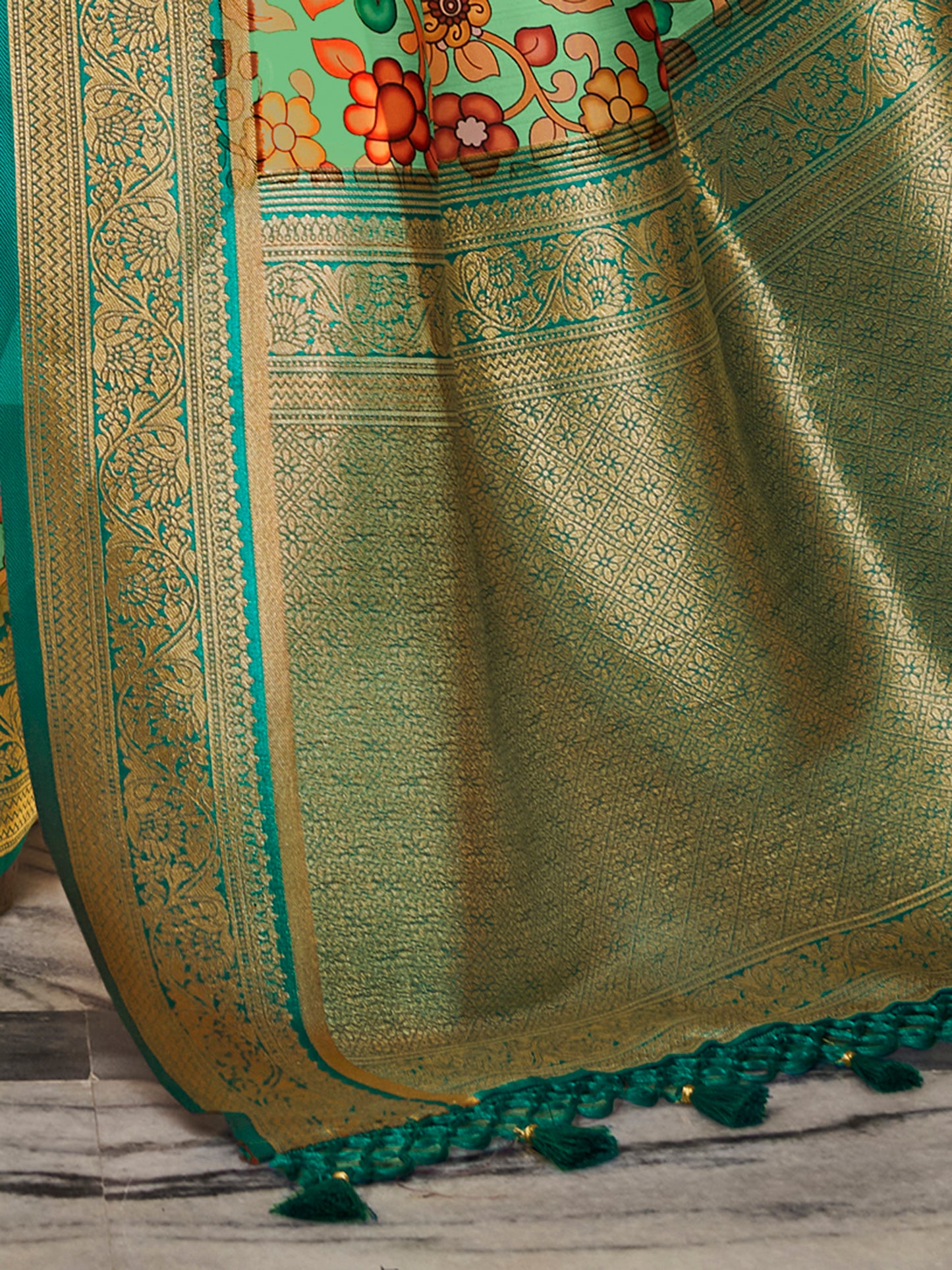 Women's Satin Silk Sea Green Woven Design Designer Saree With Blouse Piece