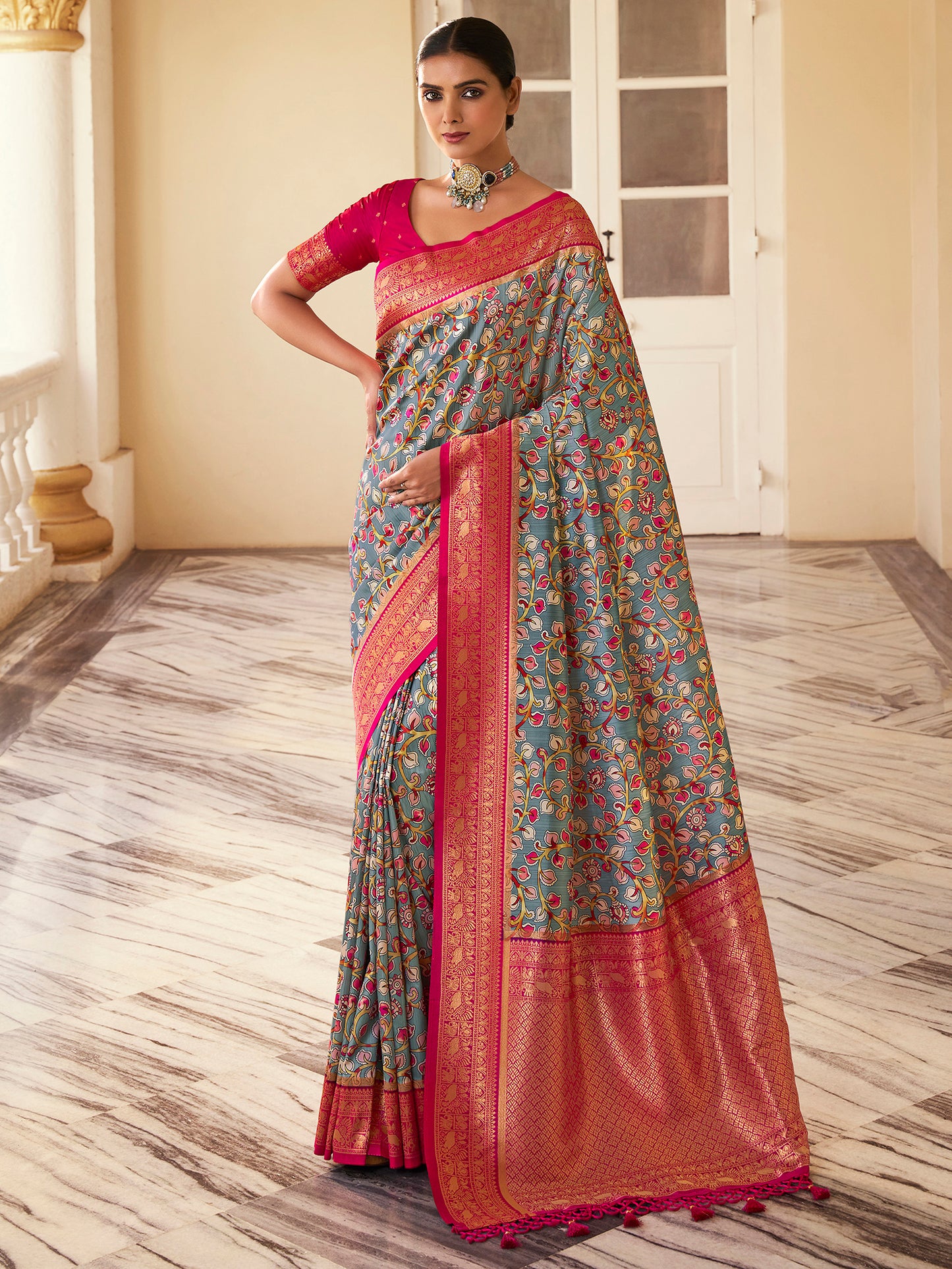 Women's Satin Silk Grey Woven Design Designer Saree With Blouse Piece