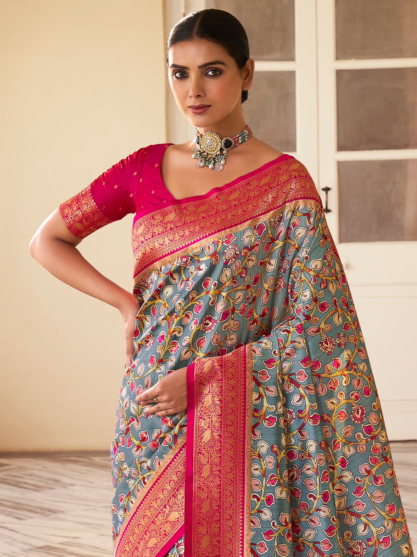 Women's Satin Silk Grey Woven Design Designer Saree With Blouse Piece
