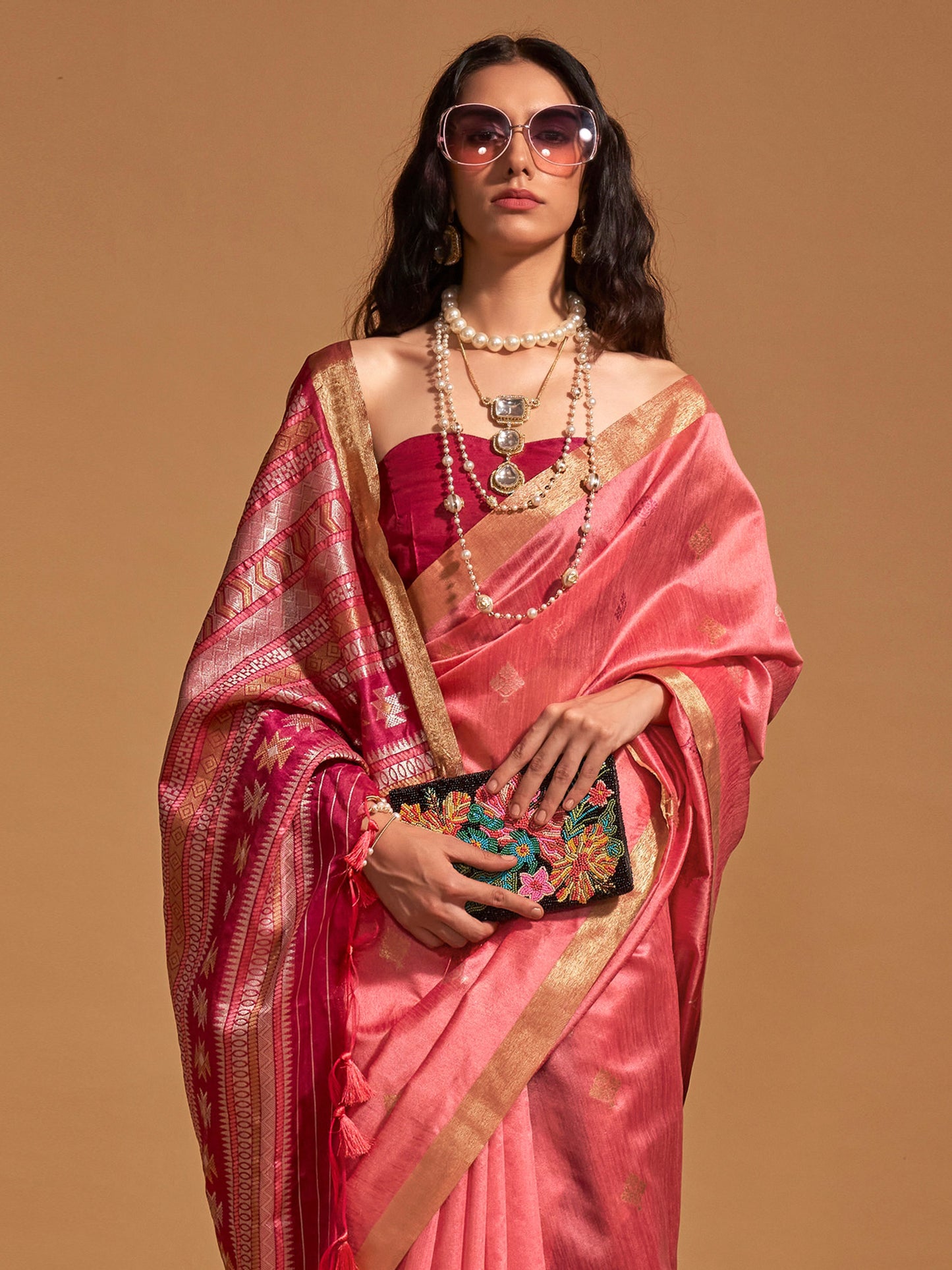 Women's Silk Blend Pink Woven Design Designer Saree With Blouse Piece