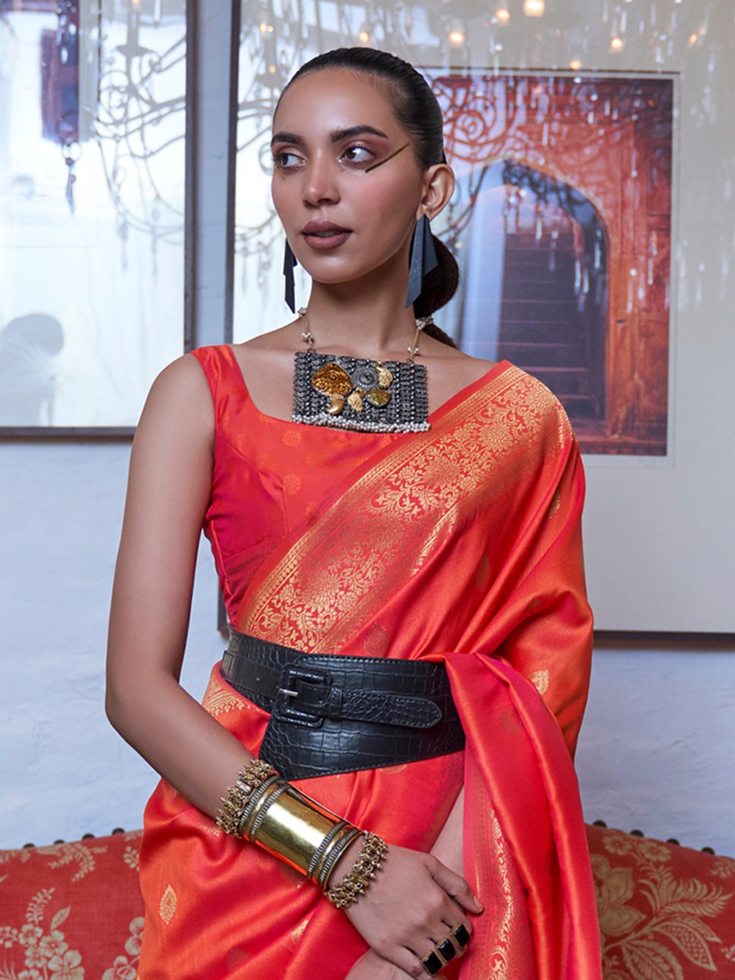Women's Silk Blend Peach Woven Design Designer Saree With Blouse Piece