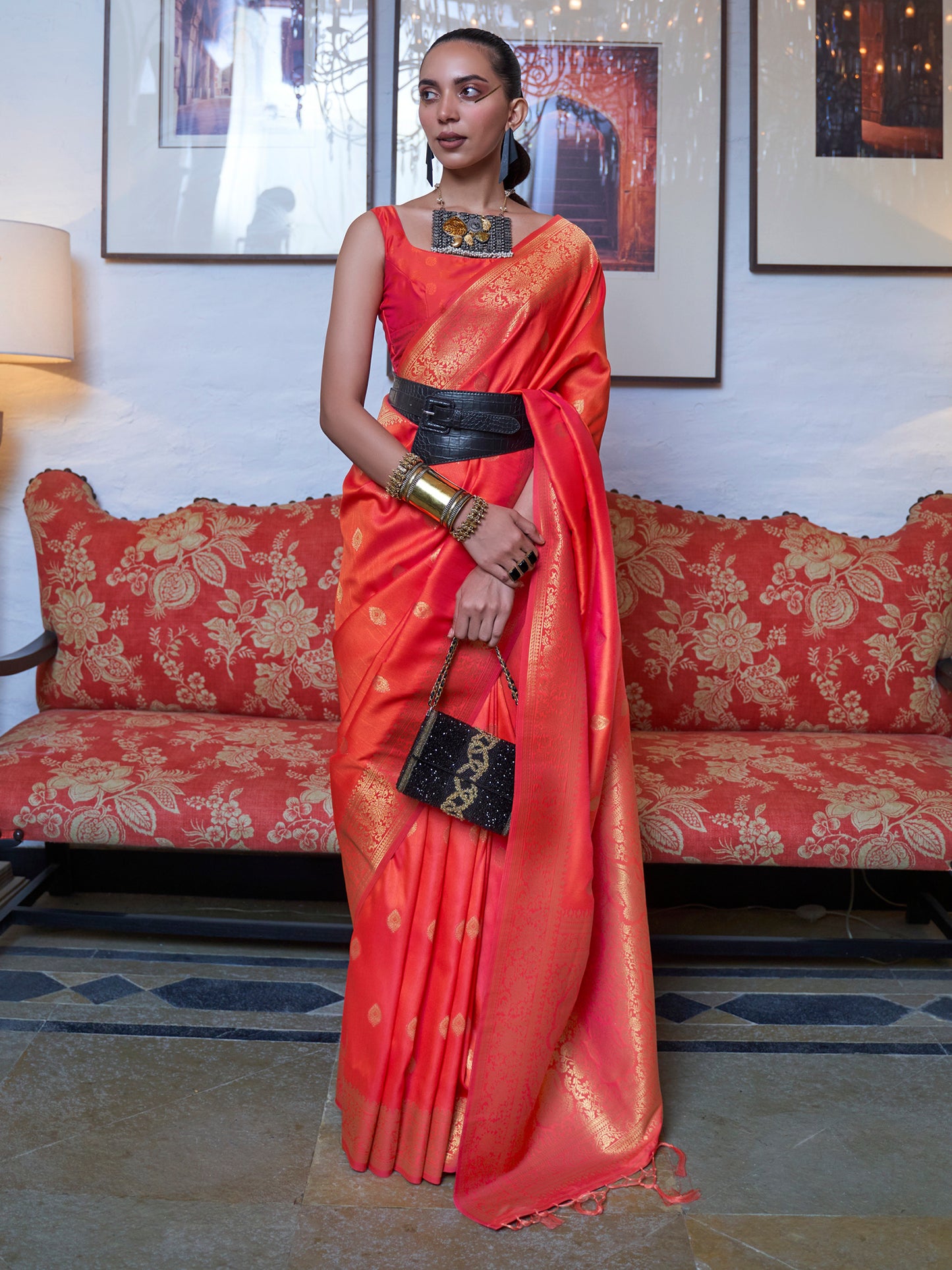 Women's Silk Blend Peach Woven Design Designer Saree With Blouse Piece