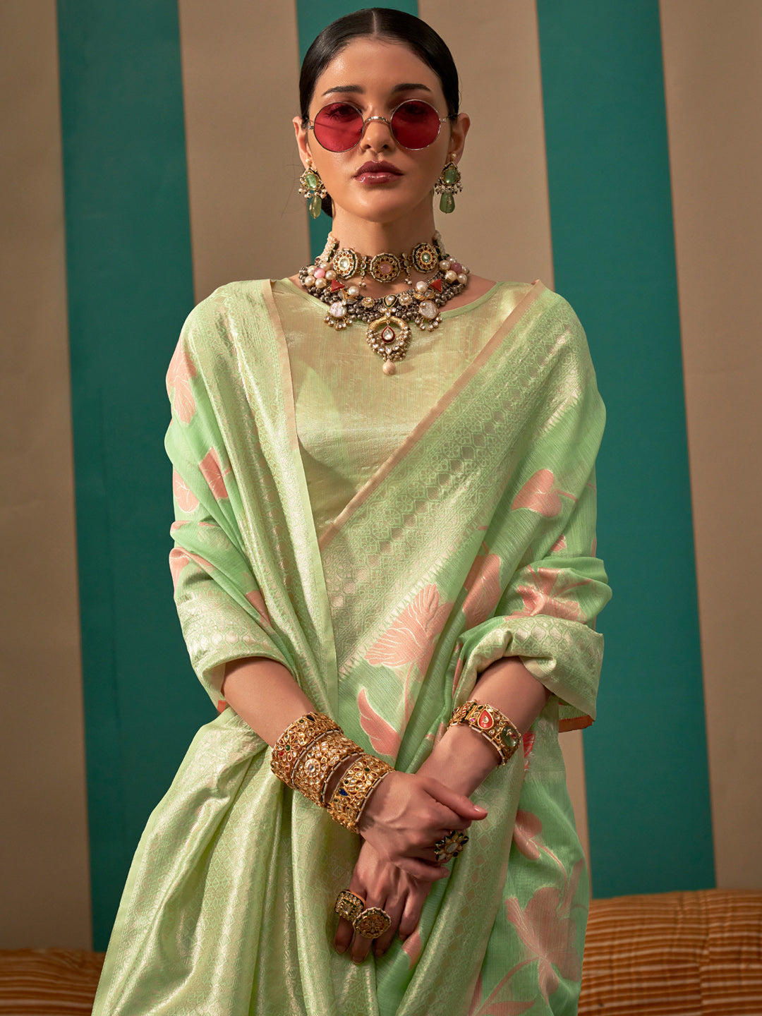 Women's Linen Light Green Woven Design Designer Saree With Blouse Piece