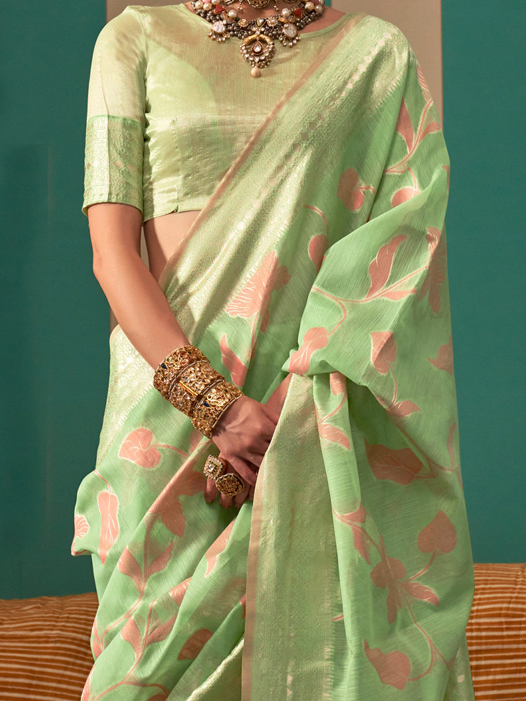 Women's Linen Light Green Woven Design Designer Saree With Blouse Piece