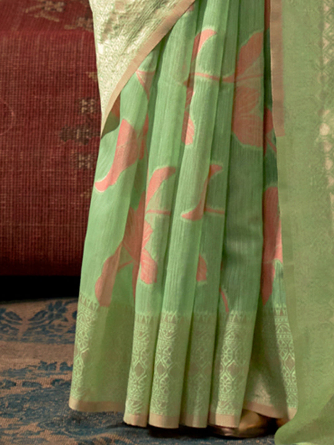 Women's Linen Light Green Woven Design Designer Saree With Blouse Piece