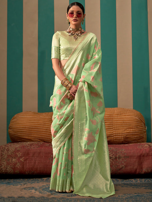 Women's Linen Light Green Woven Design Designer Saree With Blouse Piece