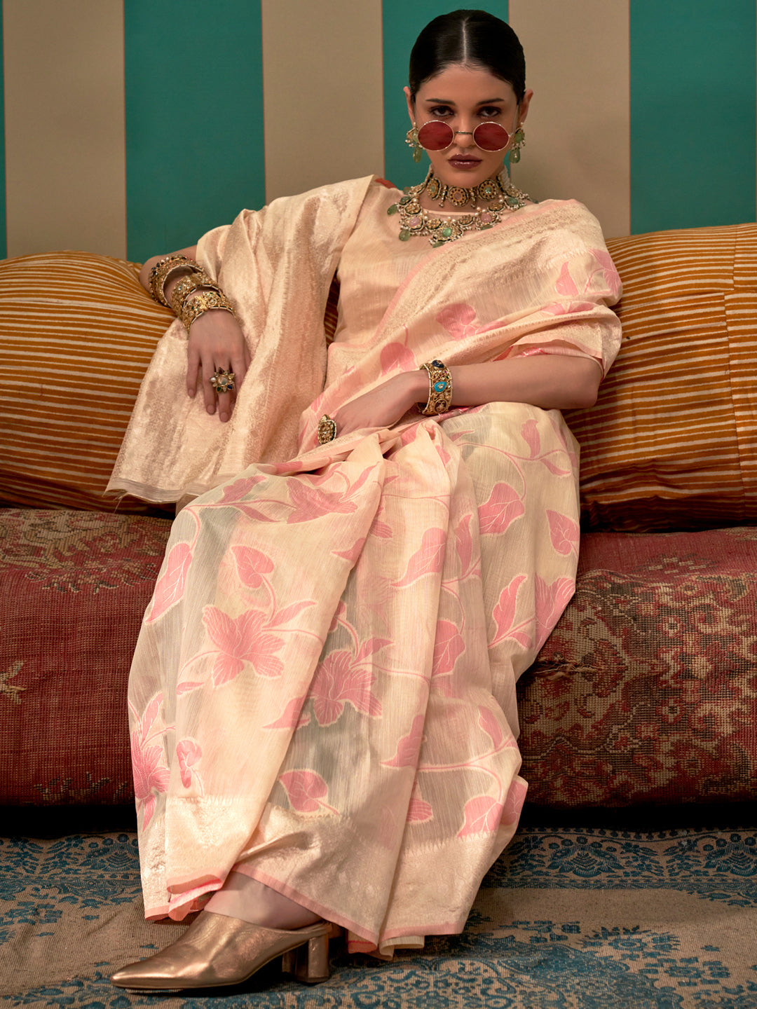 Women's Linen Cream Woven Design Designer Saree With Blouse Piece