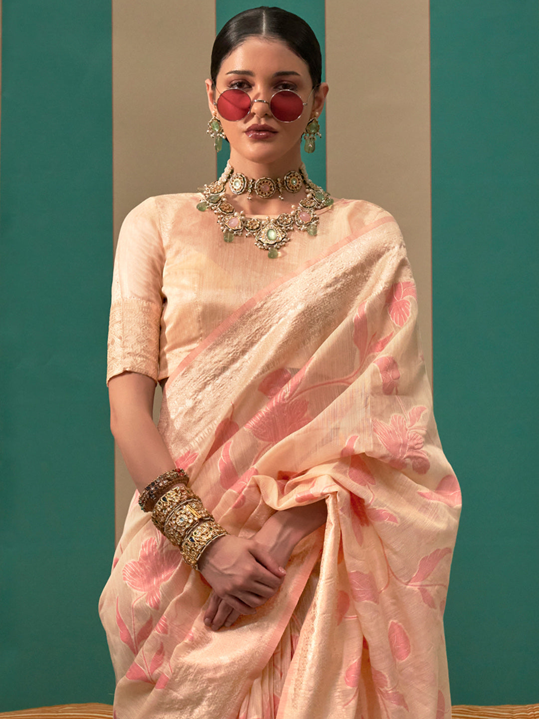 Women's Linen Cream Woven Design Designer Saree With Blouse Piece