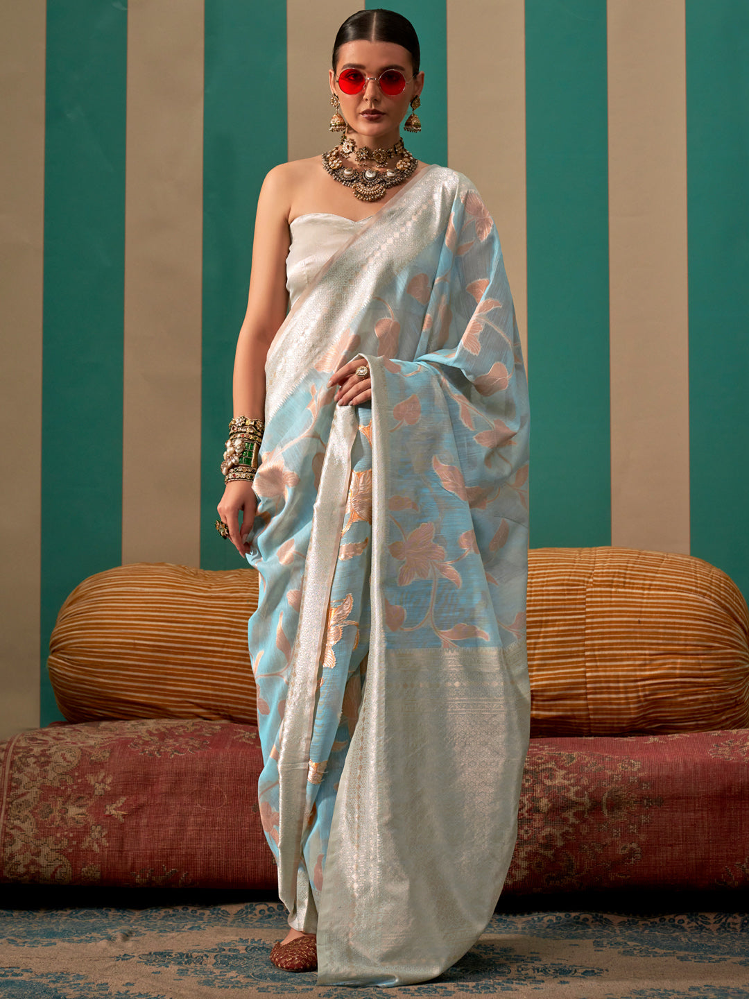 Women's Linen Light Blue Woven Design Designer Saree With Blouse Piece