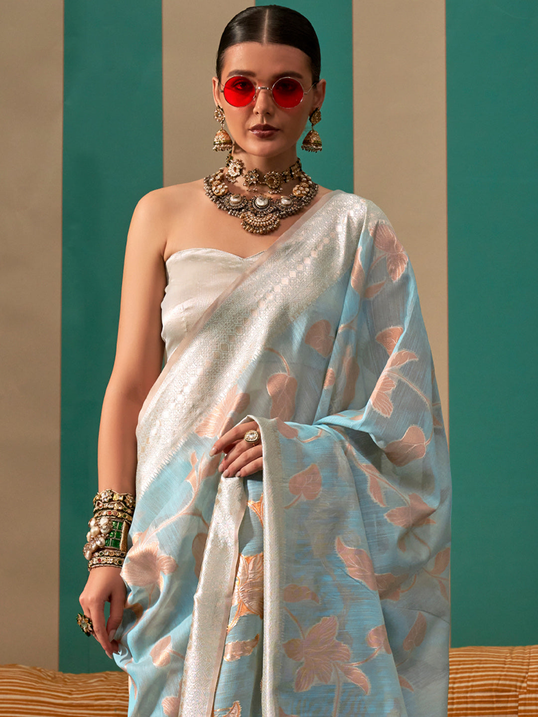Women's Linen Light Blue Woven Design Designer Saree With Blouse Piece