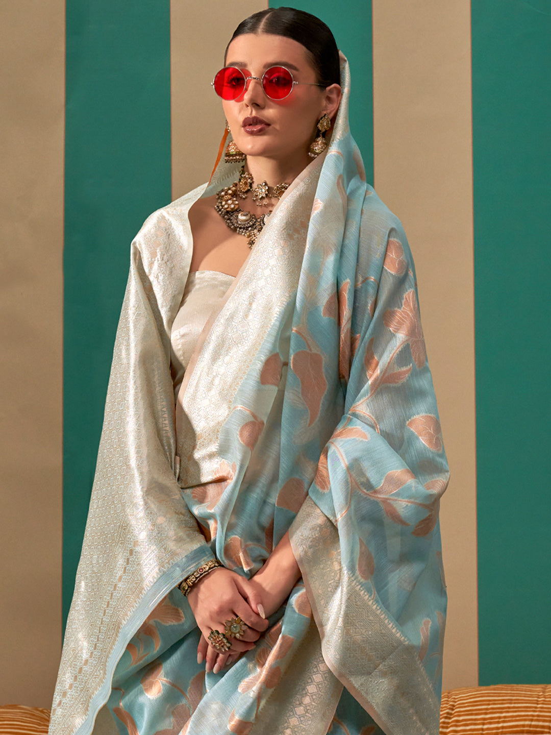 Women's Linen Light Blue Woven Design Designer Saree With Blouse Piece