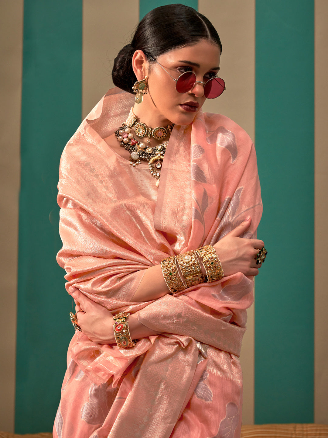 Women's Linen Peach Woven Design Designer Saree With Blouse Piece
